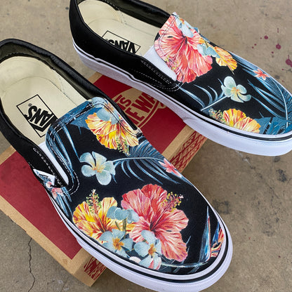 Tropical Hawaiian Pattern Black Slip On Vans Shoes