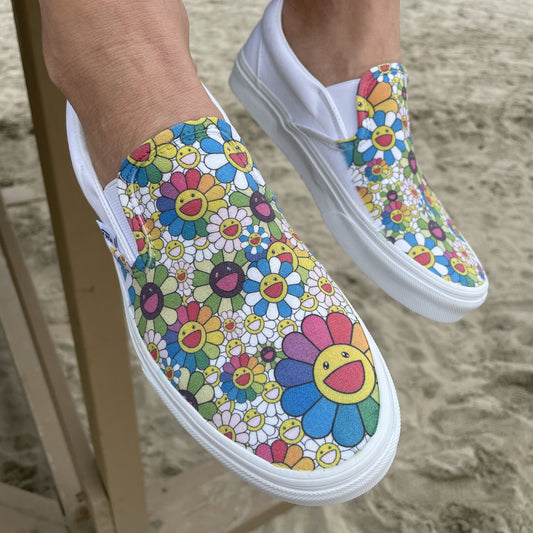 Kids Shoes - Takashi Murakami Rainbow Flower Sneakers - Custom Slip Ons