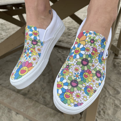 Kids Shoes - Takashi Murakami Rainbow Flower Sneakers - Custom Slip Ons