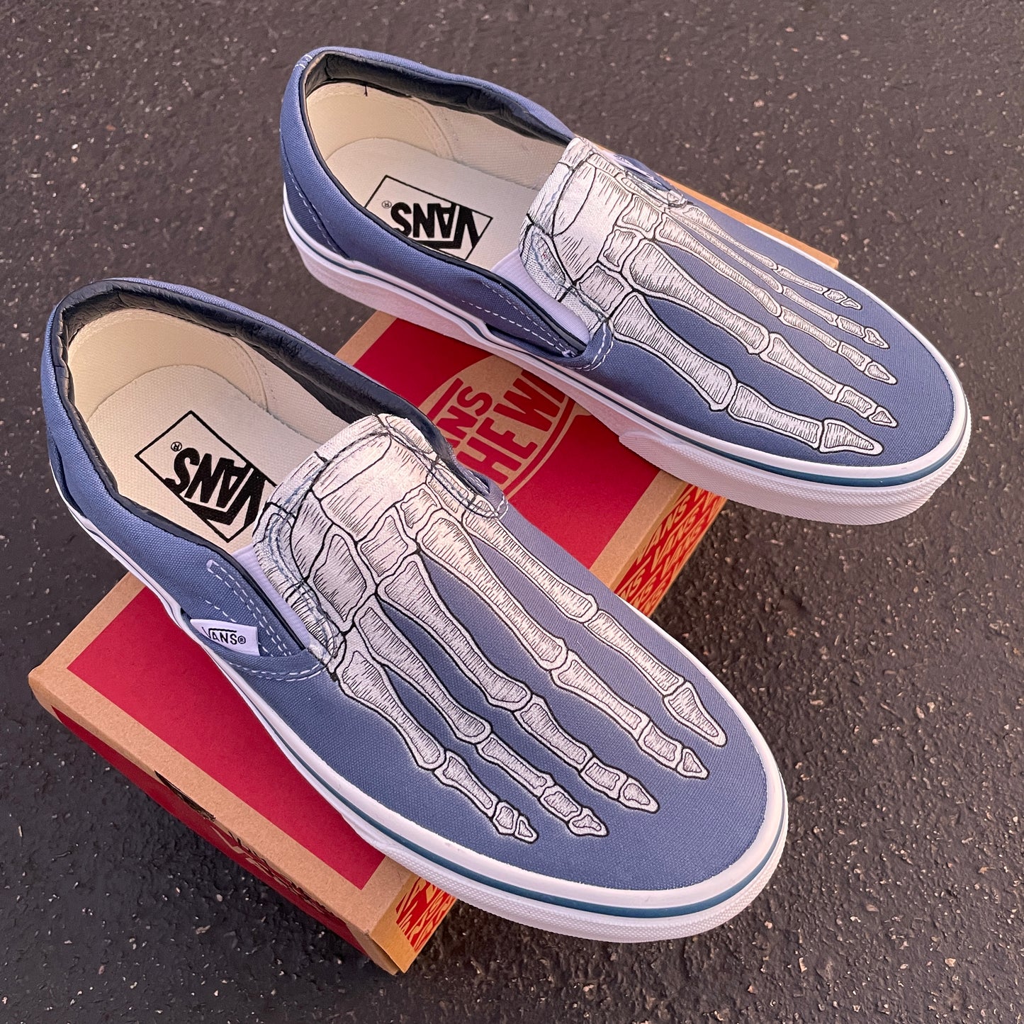 Custom Skeleton Feet X-Ray Navy Slip Ons - Custom Vans Shoes