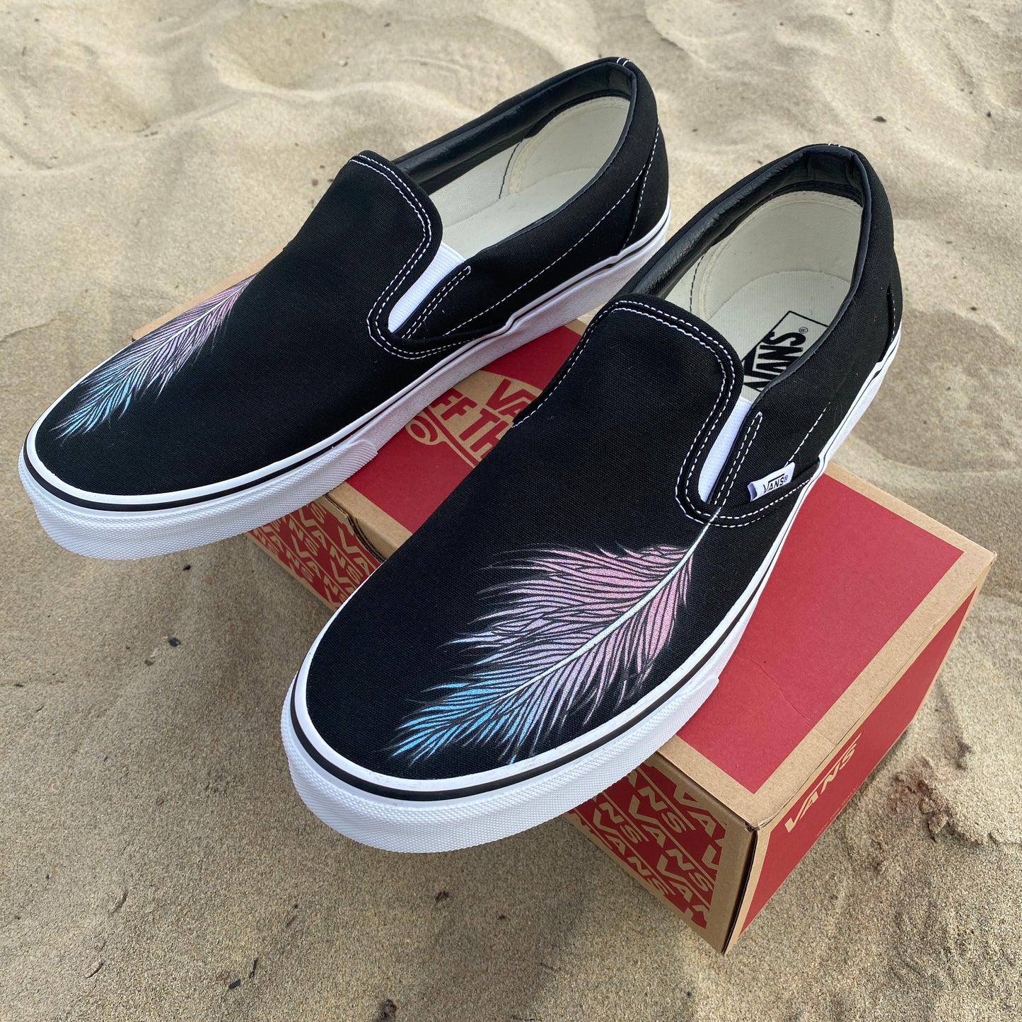 Custom Vans Shoes - Feather Black Slip Ons