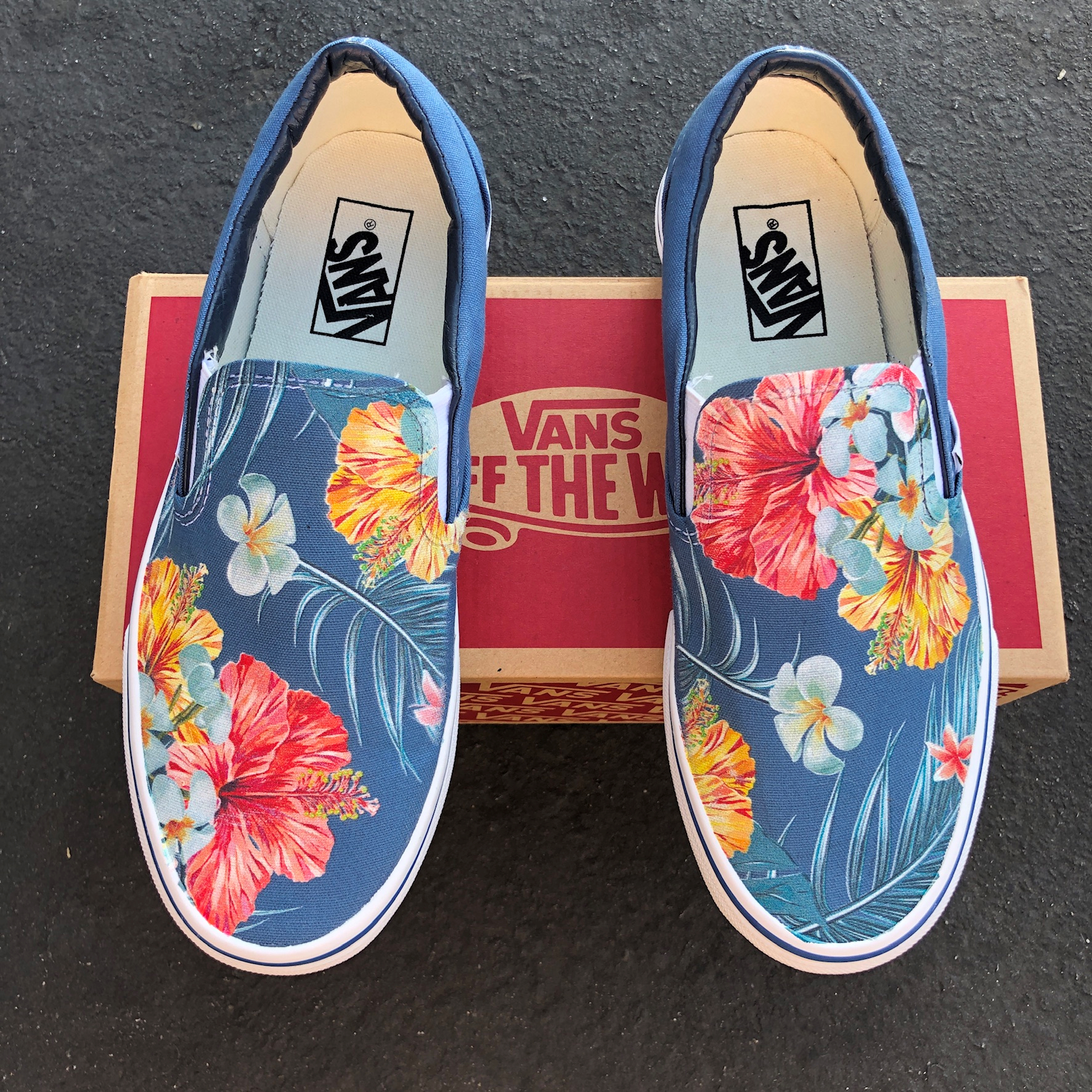 Vans Slip-Ons Custom Printed Blue Hawaiian Flowers