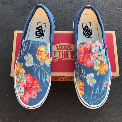 Vans Slip-Ons Custom Printed Blue Hawaiian Flowers