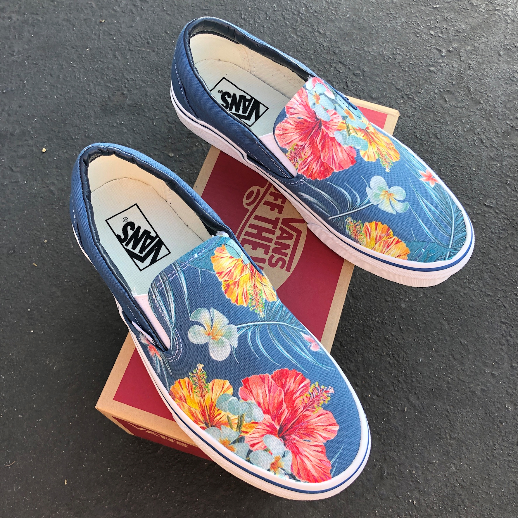 Vans Slip-Ons Custom Printed Blue Hawaiian Flowers