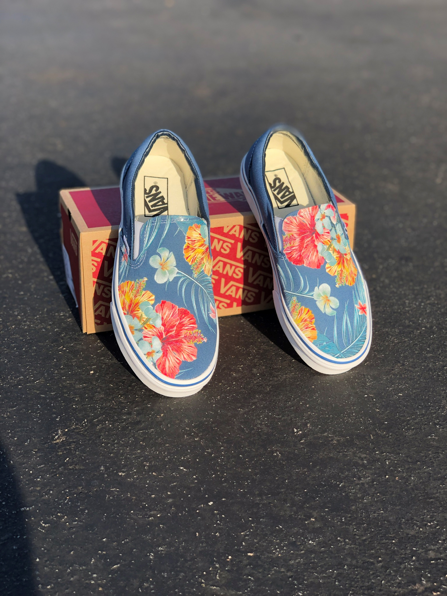 Vans Slip-Ons Custom Printed Blue Hawaiian Flowers