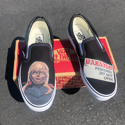Scary Annabelle Black Slip On Vans - Custom Vans Slip On Shoes
