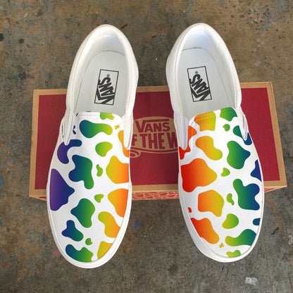 Rainbow Gradient White Cow Print - Custom White Slip On Vans Colorful Psychedelic Pride LGBTQIA+ Abstract Subtle Discreet Pride Accessory